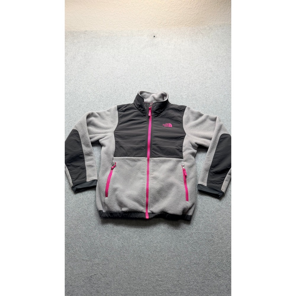 The North Face Girls Denali Fleece Jacket Grey Pink Full Zip Size L 14/16